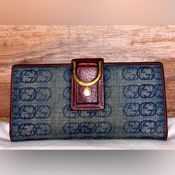 Gucci Denim GG D Ring Blue/Brown Continental Wallet Authentic - Picture 1 of 11